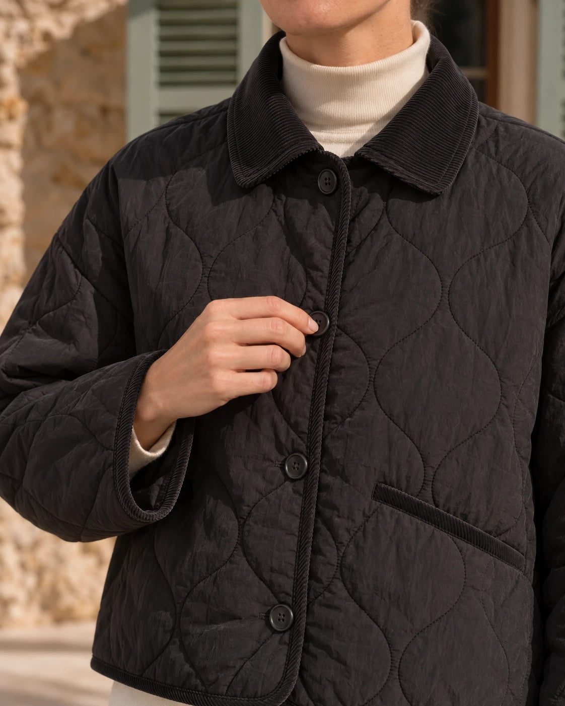 Detalle del cuello de pana, los botones y el bolsillo de ojal del chaquetón negro