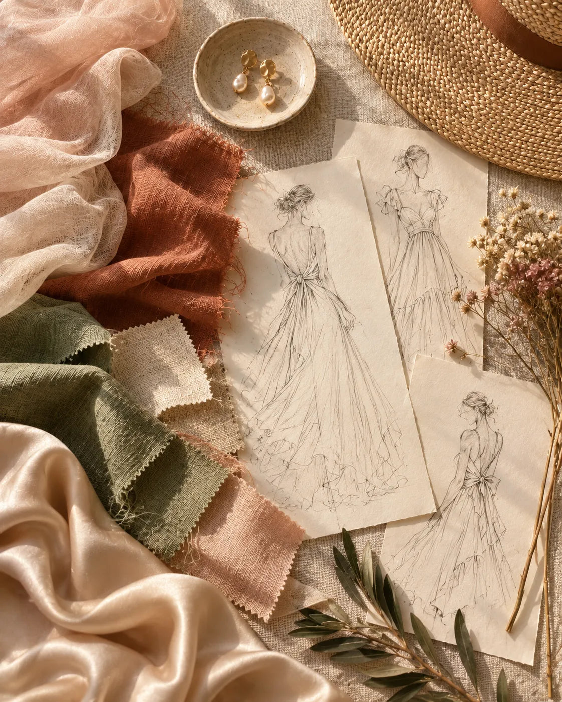 Bocetos de vestidos y muestras de tejidos en tonos naturales