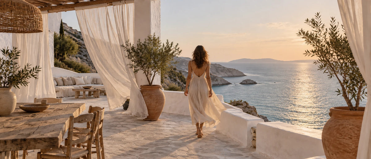 Terraza mediterránea al atardecer con mujer de vestido blanco – Laura Domínguez